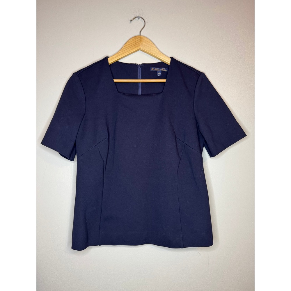 Brooks‎ Brothers Navy Blue Square Neck Short Sleeve Ponte Knit Blouse Top Large
